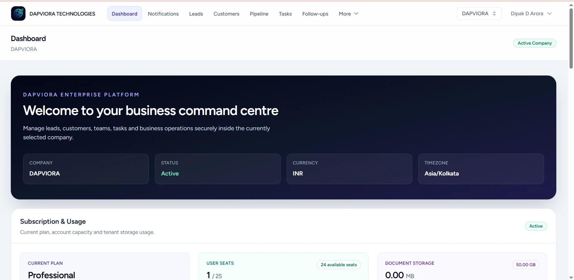 Actual DAPVIORA CRM dashboard interface
